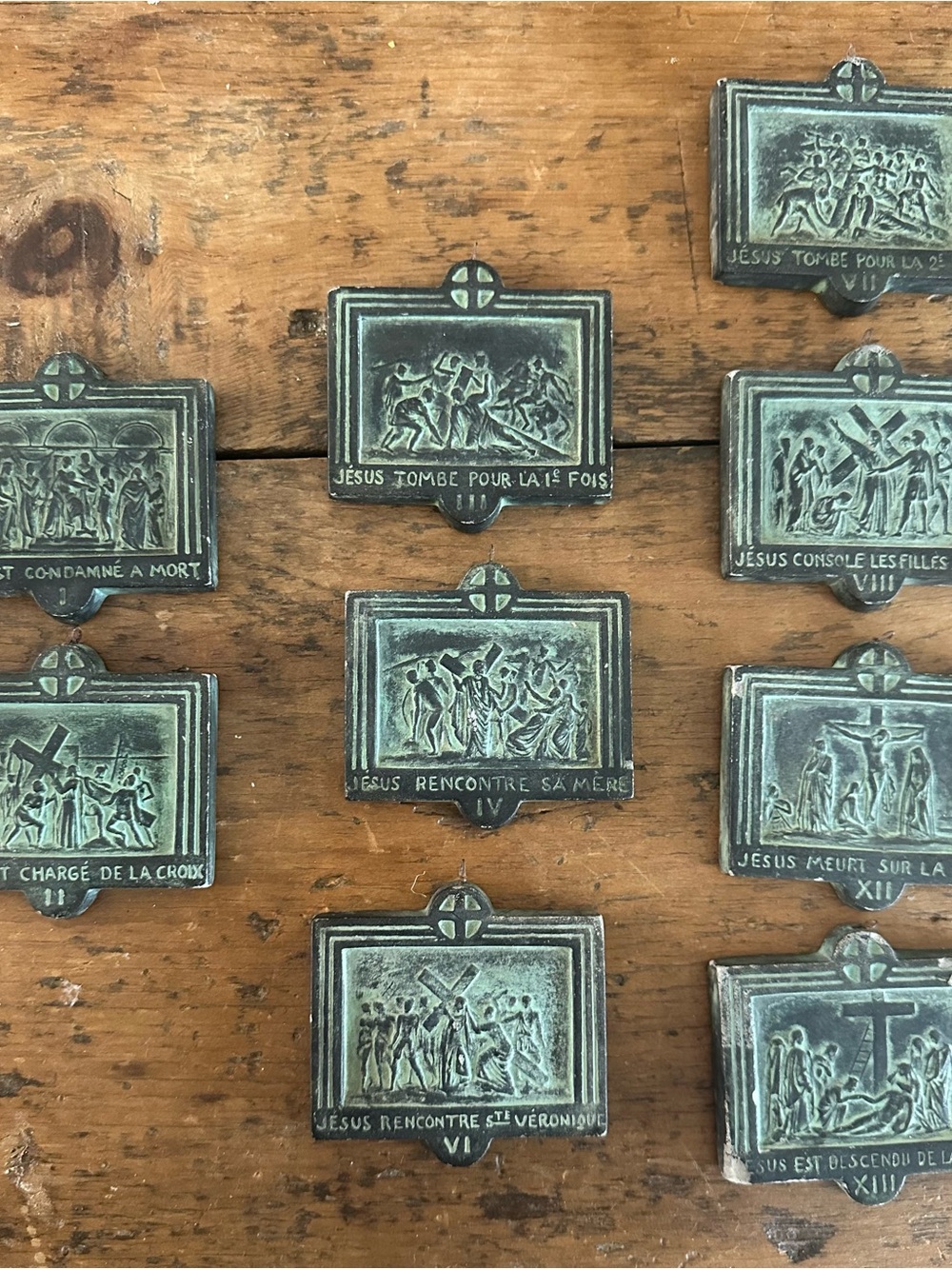 Religious Wall Plaques Set in Aged Green Patina. Stations of the Cross